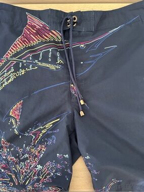 Men's Navy Swim Trunks with Multicolor Graphic